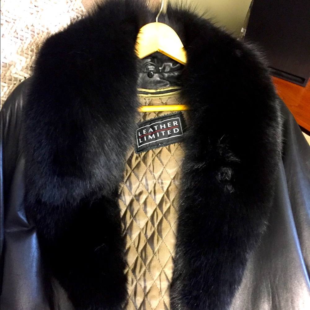 Full length fur trimmed leather coat